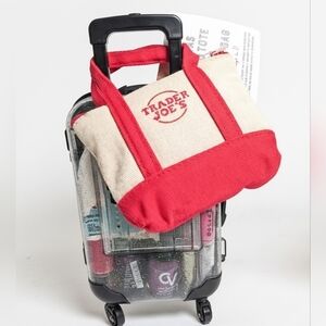 Nwt Trader Joe's Micro Zip Red Tote + Clear Glitter Rolling Suitcase Luggage Set